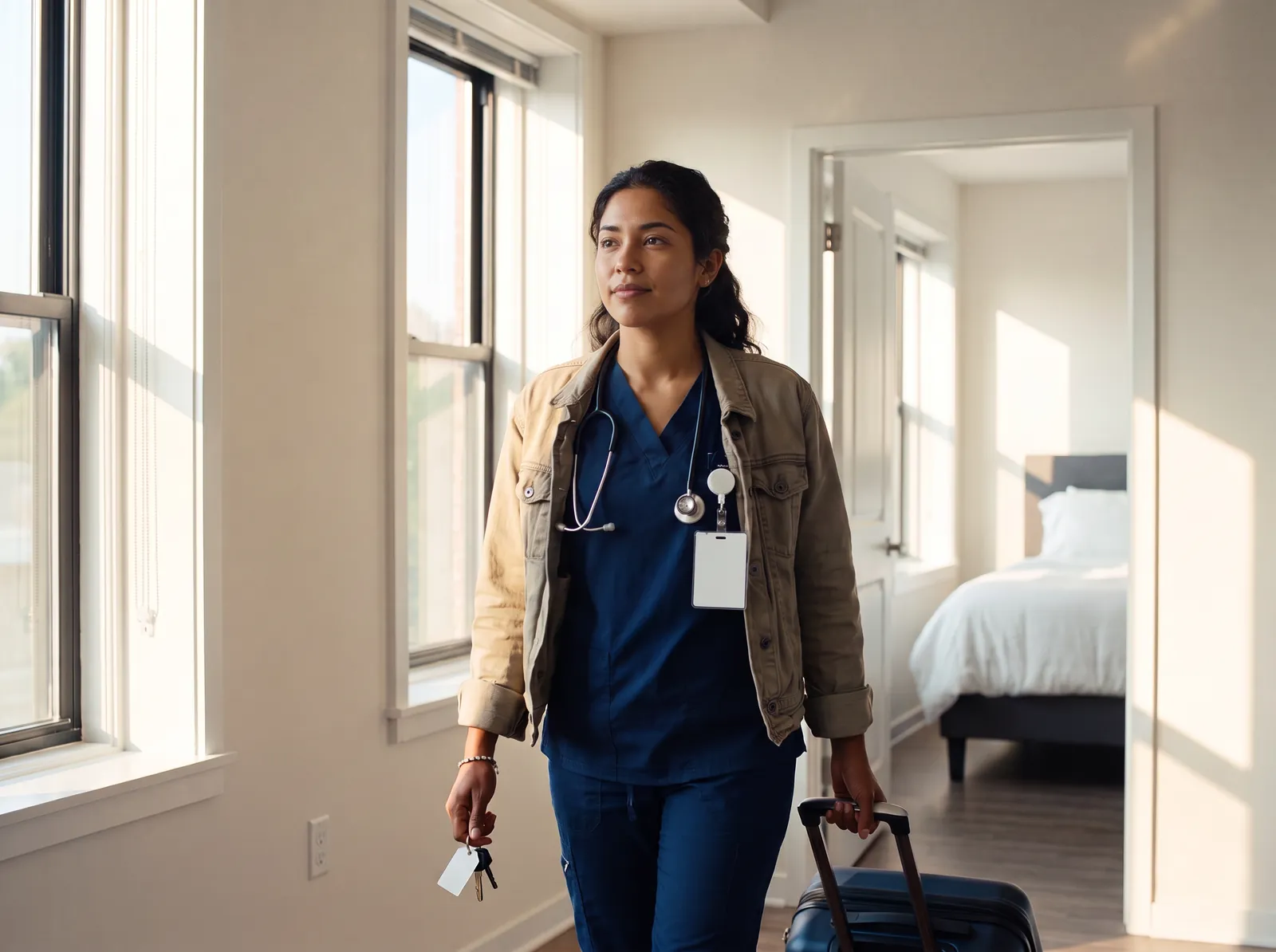 A travel nurse arriving at a furnished apartment with her suitcase