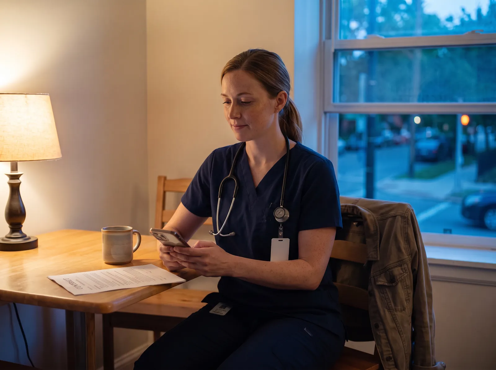 A nurse at her kitchen table in the evening, reading an offer on her phone