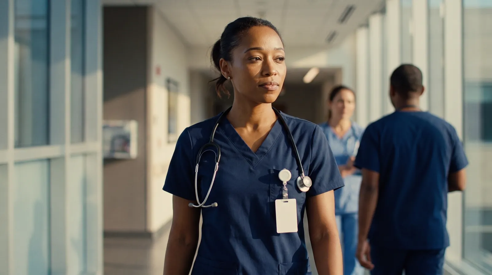 A nurse walking confidently down a hospital corridor