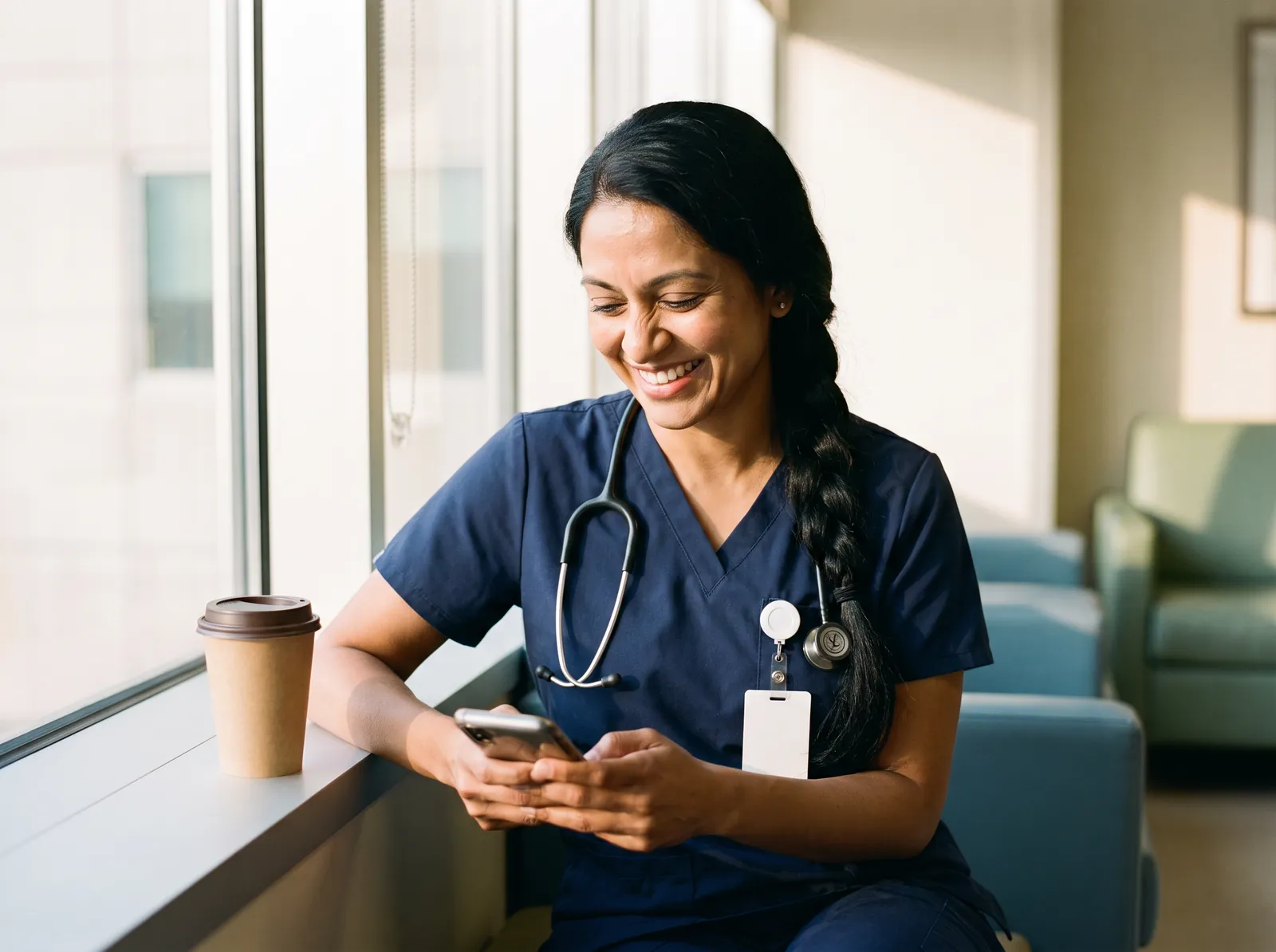 A nurse on her break smiling at a job alert on her phone